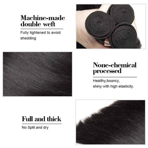 Human Hair Bundles GveoXvo Natural Black Straight Bundles 24 26 28 Inch Unprocessed Virgin Mixed Length 1B Bundle Hair Extensions