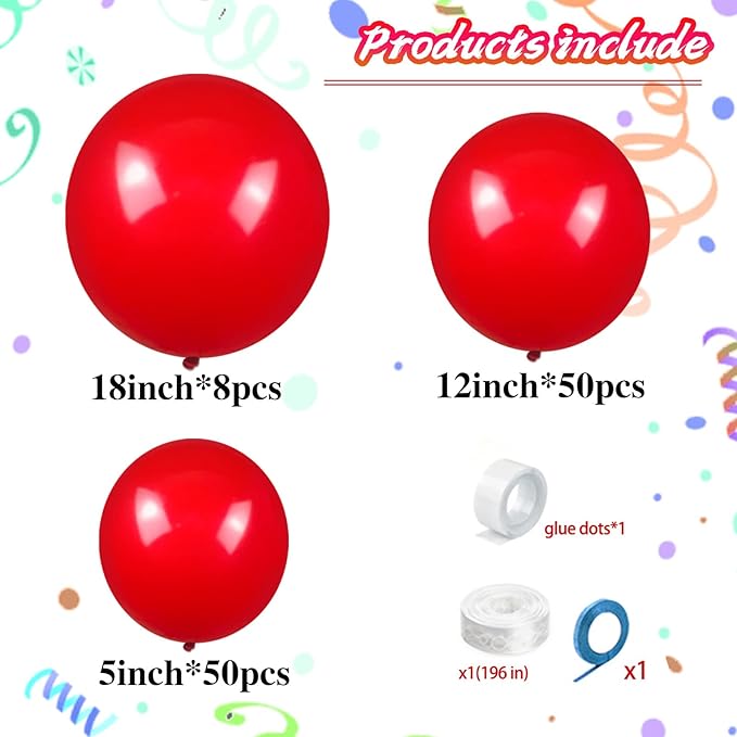 KAWKALSH Red Balloon Arch Kit 111Pcs Different Sizes 18 12 5 Inch Latex Balloons Garland for Birthday Graduation Bachelorette Cherry Casino Movie Theme Party Decorations