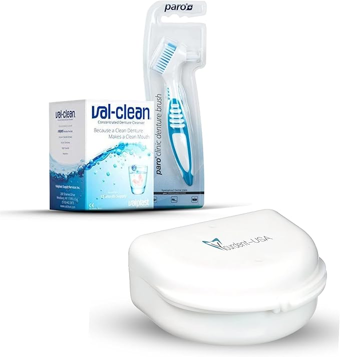 Yourdent-USA Paro Clinic Denture Brush, Val Clean Denture Cleaner 12 Packet for 1 Year and Dental Retainer Case, Denture Night Guard, Perfect Combo