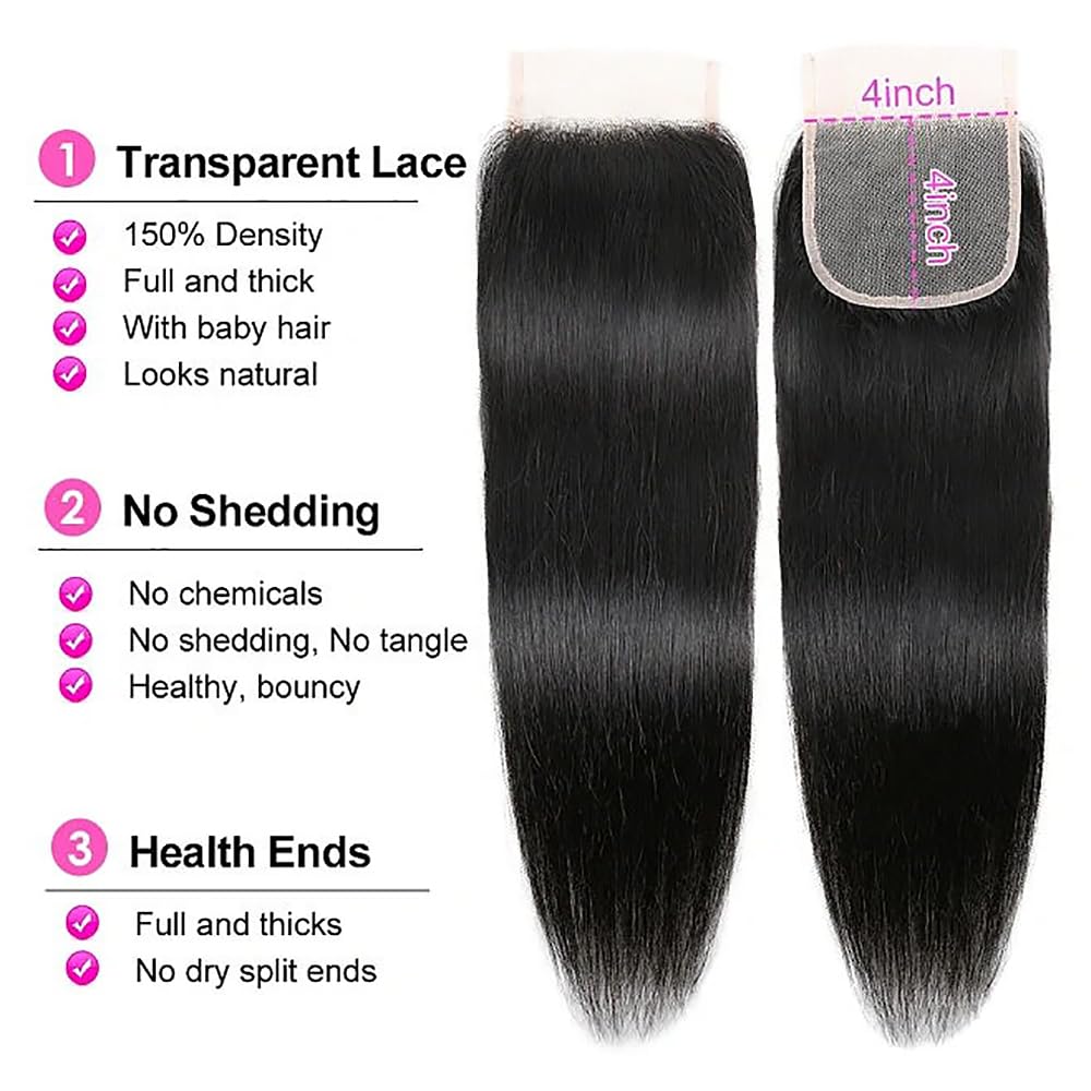 4X4 Straight HD Lace Closure Human Hair Extensions 12A Brazilian Virgin Remy 100% Unprocessed Human Hair Frontal Free Part Closure Only Pre Plucked With Baby Hair Natural Black 14 Inch