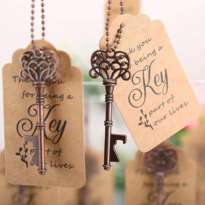 WODEGIFT 100 PCS Wedding Favors/ Party Favors Key Bottle Opener,Vintage Skeleton Key Bottle Openers with Escort Tag Cards and Key Chains(Red Copper)