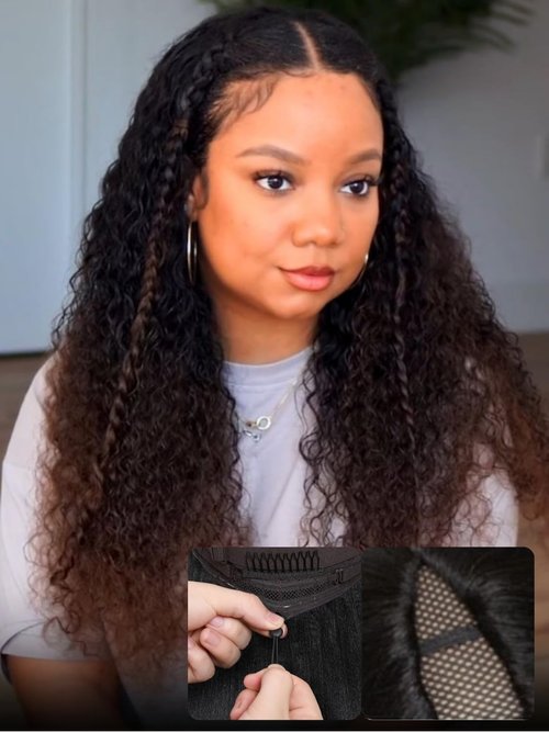 Nadula EasiContour V Part Curly Wigs Human Hair No Leave Out Ombre Black to Chestnut Brown Clip in V-part Wig,12A Glueless Highlight Upgrade U Part Human Hair Wig Ready to Go 180% Density 14inch
