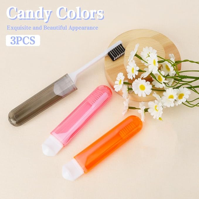 Travel Toothbrush 3Pcs Travel Toothbrush Set Mini Toothbrushes Soft Portable Toothbrushes Travels with Tooth Brush Cover Small Folding Toothbrush Individually Wrapped for Travels Black Orange Pink
