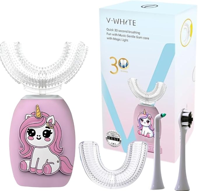V-WHITE Electric Toothbrush Kids- Ultrasonic U-Shaped Toothbrushes for Teeth Whitening - 360° Mouth Cleansing, Hands Free Gums Protection - Wireless Charging & LED Light - Waterproof IPX7 Certified
