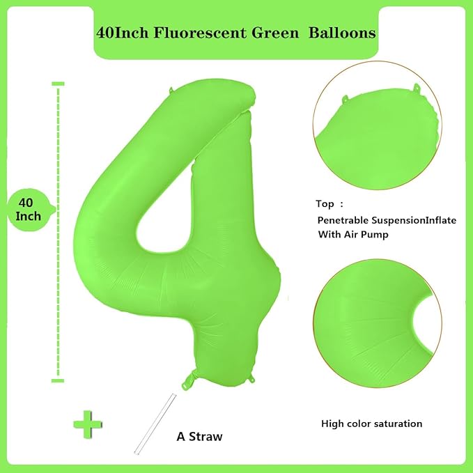 Fluorescent Green Number Balloon 40 inch Giant Foil Helium Balloons Green Number 4 Balloon for 4th Birthday Party Decorations