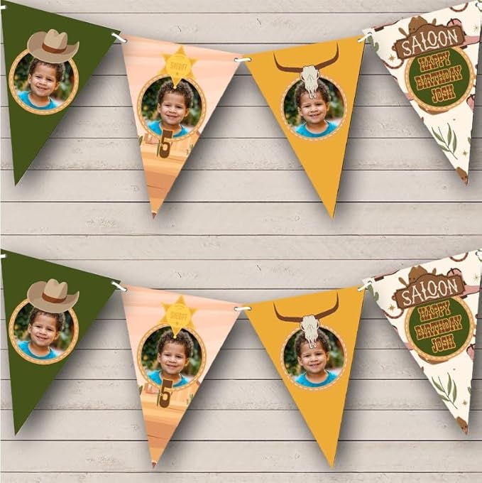 Cowboy Western Theme Photo Boy's Personalized Birthday Party Bunting - Hanging Party Decoration - Birthday Party Banner Garland | Decorative Party Supplies