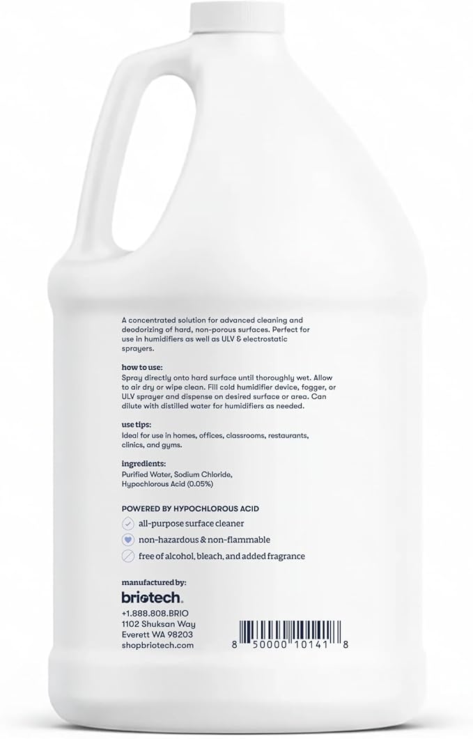 BRIOTECH Extra Strength HOCl Cleaner, 500 PPM Hypochlorous Acid Concentrate, ULV Foggers & Humidifiers, Professional Deodorizer for Dental, Offices, Schools, Homes, Peroxide Free, 1 Gallon (4 Pack)