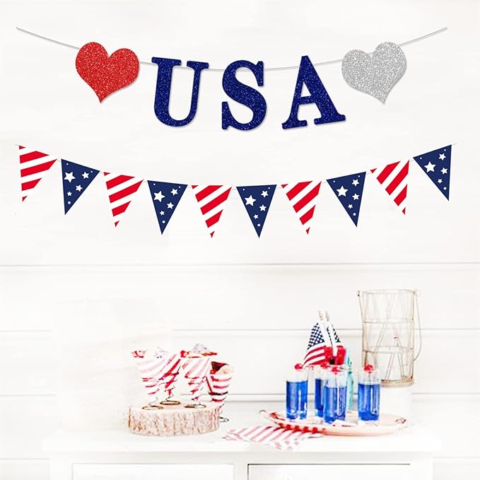 Fourth-4th of July Imemorial-Day Banner - Blue White Red Patriotic Garland Party Decorations, Hanging USA Pennant Flag Banners, America Independence Day Streamers Indoor Decor Lasting Surprise