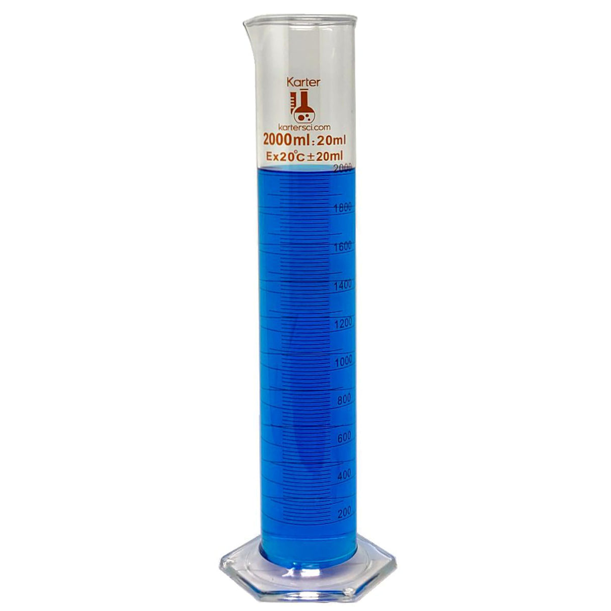 2000ml Graduated Cylinder, Borosilicate 3.3 Glass, Single Metric Scale, Karter Scientific 213I16 (Single)