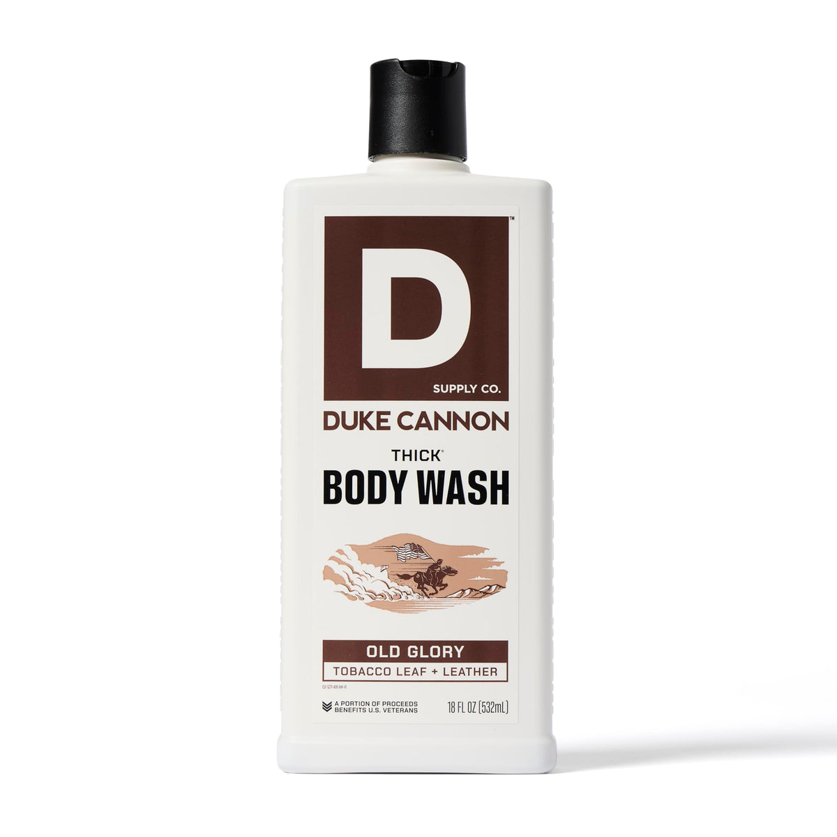 Duke Cannon Supply Co. Thick High Viscosity Body Wash – 3X Thicker, Cleansing Shower and Bath Gel, Mineral-Enriched for Men – Tobacco Leaf + Leather - Men’s Body Scrub – Old Glory Scent