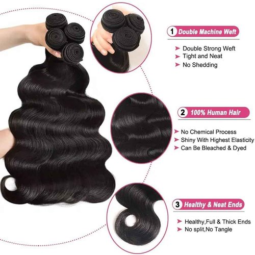 Bundles with Closure Human Hair 16 18 20+14 Inch 100% Unprocessed Brazilian Virgin Hair Extensions 3 Bundles with 4x4 HD Lace Closure Natural Black
