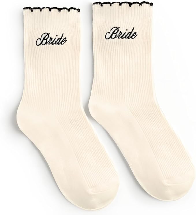 xo, Fetti Bride Ruffle Socks | Bachelorette Party, Bridal Shower Gift, Bride to Be, Wedding, Engagement, White Socks, Black Embroidery, Girly