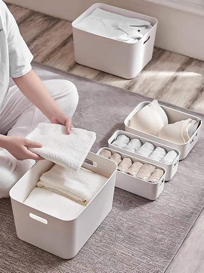 Amyup Set Of 3 Plastic Storage Bins,Versatile Kitchen Pantry Organization and Storage,for Plastic Storage Container Under Bed,Under Sink Bathroom Organizer (White, 3 Pack Small