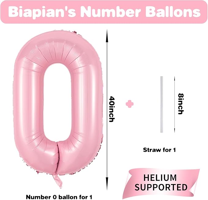 Biapian Pink 20 Balloon Number, 40 Inch Pearl Light Pink for Girls, Foil Digital Helium, Large 20th Birthday Balloons for Baby Shower Princess Party Decorations
