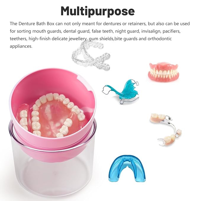 Denture Case, Leak Proof Denture Bath Cup, Full & Partial Denture Clean Holder Box with Strainer, Denture Brush, Denture Soaking Container Cups for Dentures, Retainers, Mouth Guard Storage Case (Pink)