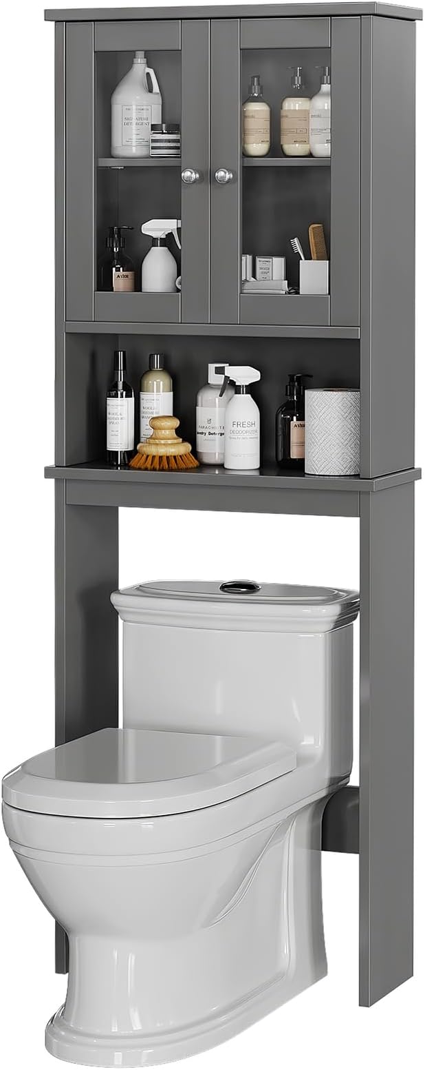 Meilocar Over The Toilet Storage Cabinet, Bathroom Storage Cabinet Over Toilet, Space Saver with 2 Tempered Glass Doors, Grey