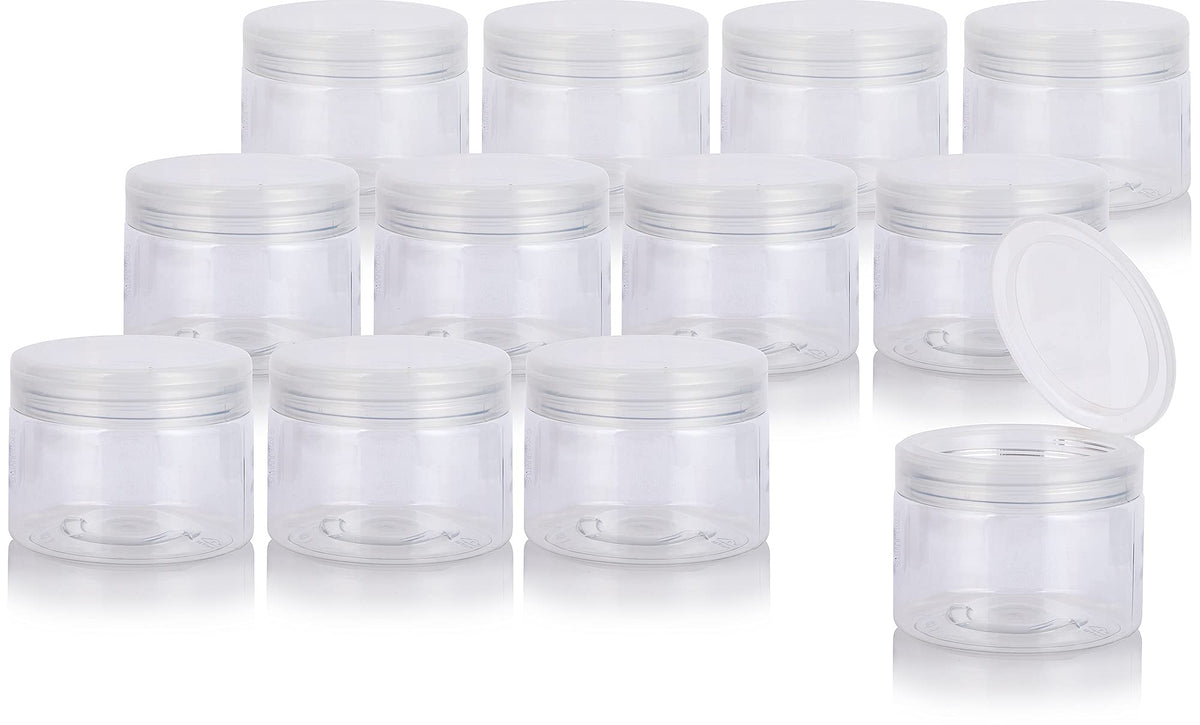 12 oz Clear PET Plastic Jar with Clear Natural Flip Top (12 Pack) + Spatulas