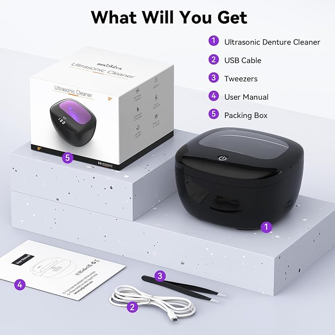 Ultrasonic Retainer Cleaner, 45kHz Dental Cleaning Pod for Dentures, Aligners, Night Guards & Jewelry, 150ML Denture Cleaner 2 Timed Modes & Travel Design