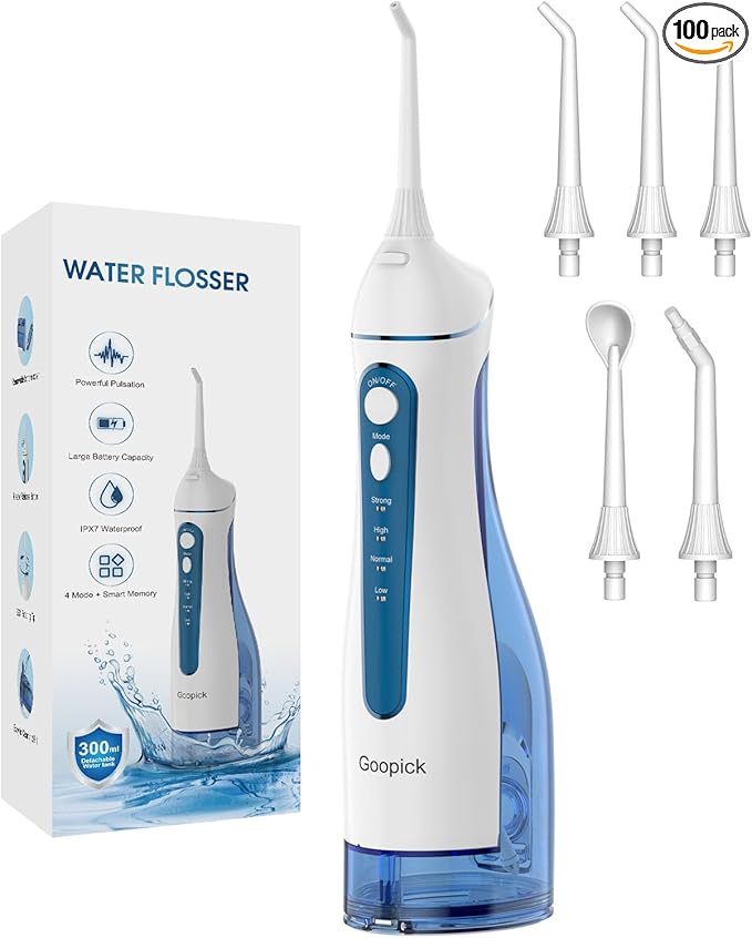Cordless Portable Water Flosser with 300ML Tank: Rechargeable Oral Irrigator with 5 Tips for Travel, Braces Care and Sensitive Gums, IPX7 Waterproof Teeth Cleaning Device(Blue