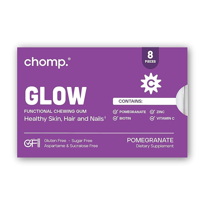 Chomp Gums - Glow - Beauty Gum (1 Pack) - Healthy Chewing Gum - Pomanox + Biotin + Zinc - Supports Healthy Skin, Hair, & Nails - Pomegranate Flavor - Gluten & Sugar Free - Aspartame & Sucralose Free