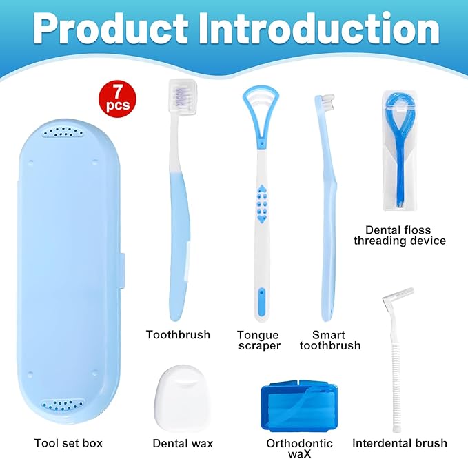 7-in-1 Travel Oral Care Kit with Case – Toothbrush, Tongue Scraper, Wisdom Toothbrush, Dental Floss, Floss Threaders, Interdental Brush, Dental Wax, Portable Hygiene Set for Daily Use Travel (Blue)