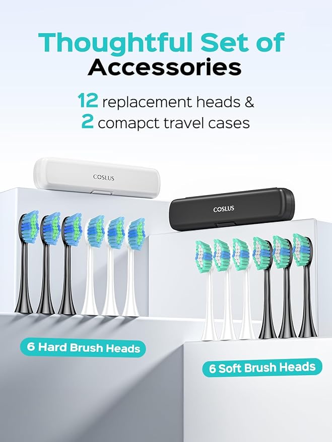 COSLUS Sonic Electric Toothbrush for Adults: 47000 VPM for Deep Cleaning & Whitening with Travel Case - 5 Modes for Sensitive Teeth & Braces, Wireless Charging, 6 Brush Heads, Black & Pink (2PCS)