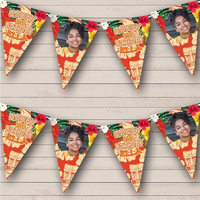 Luau Bright Colourful Tropical Tiki Photo Personalized Birthday Party Bunting - Hanging Party Decoration - Birthday Party Banner Garland | Decorative Party Supplies