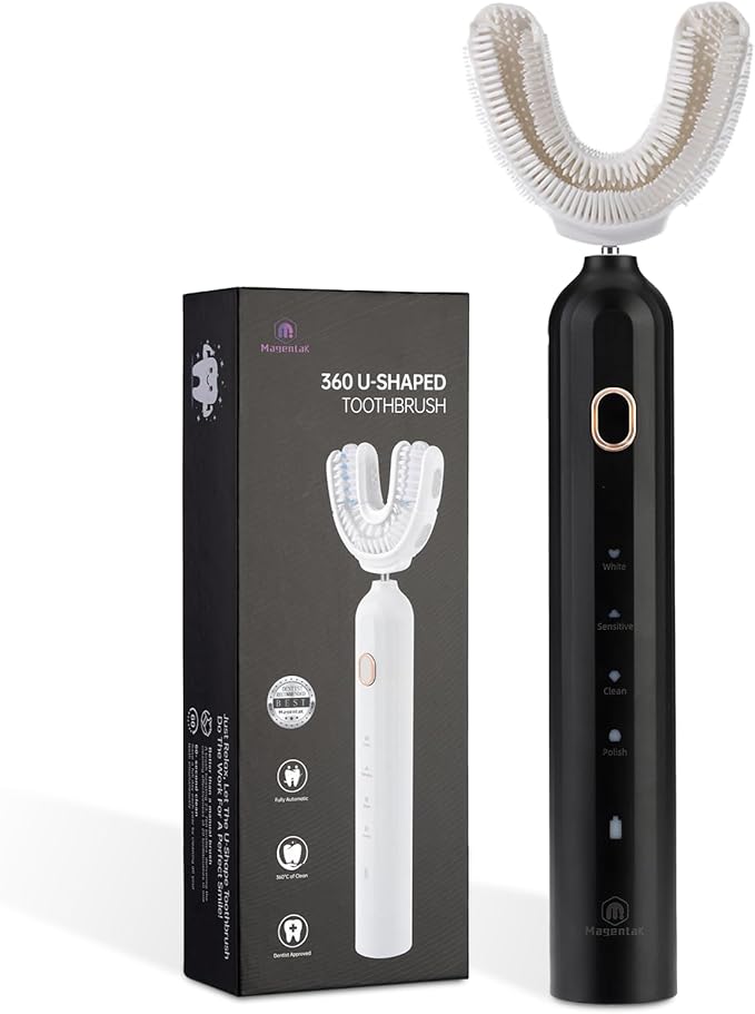 Ultrasonic U-Shaped Toothbrush for Adults, Electric Toothbrush for Teeth Whitening, Automatic 360-degree with Waterproof IPX7, 4 Modes for Cleaning(Black)
