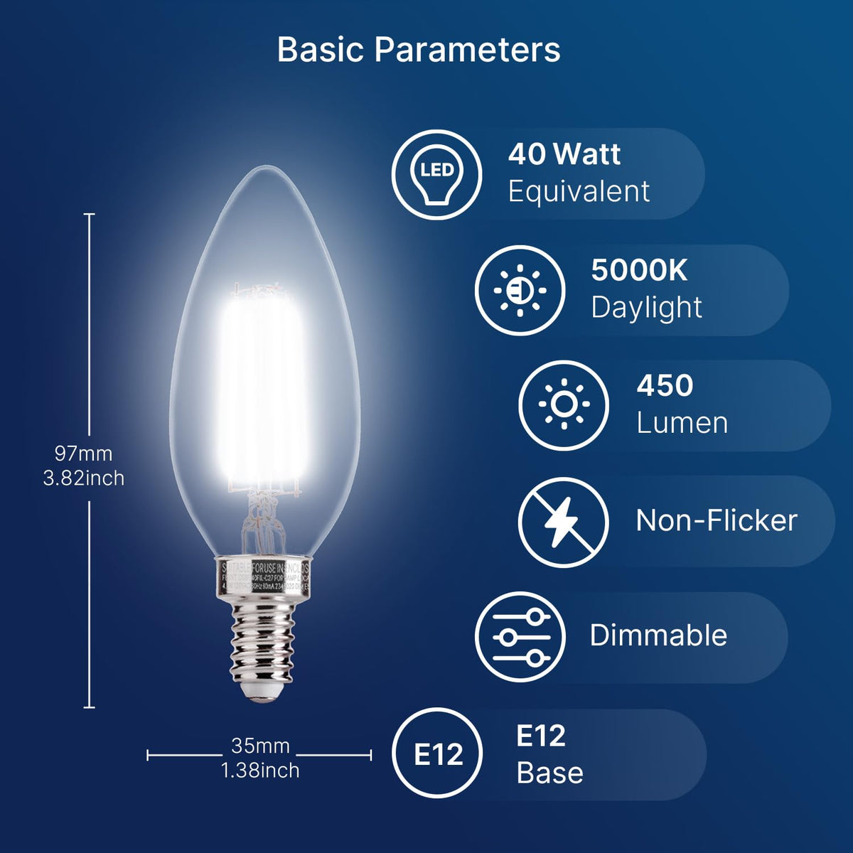 FLSNT 5000K Daylight B10 Dimmable 4W LED E12 Candelabra Bulbs, 40W Equivalent LED Chandelier Candle Bulbs, Clear Glass Finishing, 6 Pack UL,CA65 Listed.