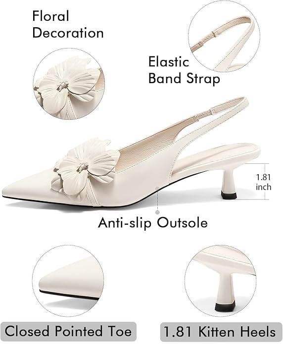 Coutgo Womens Slingback Kitten Heels Flower Closed Pointed Toe Pumps Wedding Party Dress Sandals Shoes