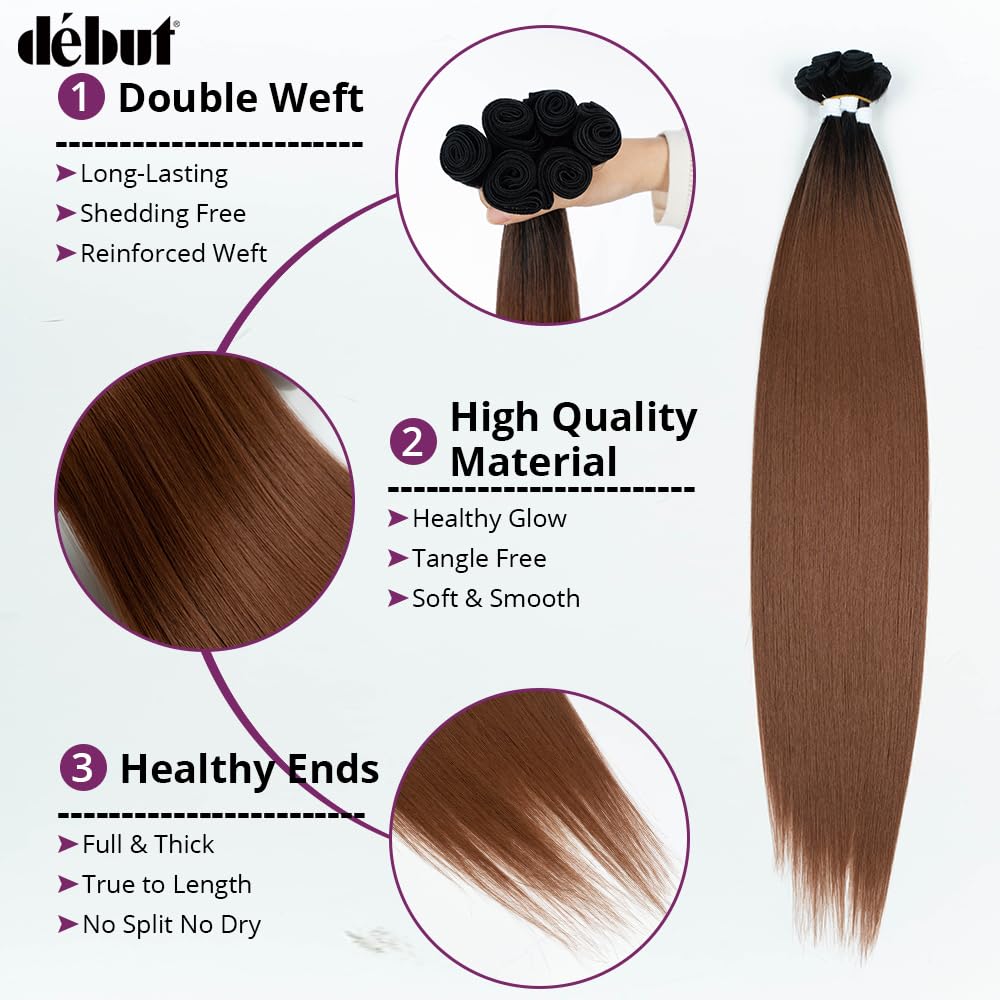 DÉBUT Silky Straight Synthetic Hair 6 Bundles with Lace Closure Long Straight Hair Bundles Weave Hand-Tied Middle Parting Lace Closure Ombre Brown 1B/30 Color for Full Head
