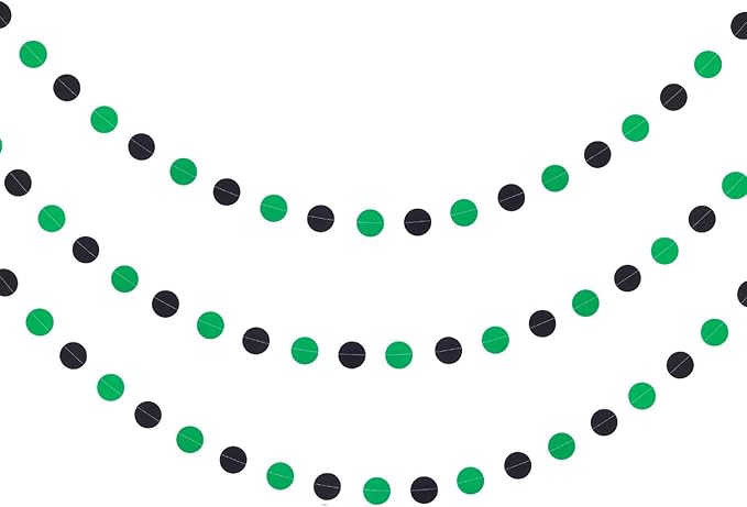 WEVEN Green and Black Paper Garland Circle Dot Party Banner Streamer Backdrop Hanging Decorations, 2" in Diameter, 3 pcs, 30 Feet in Total