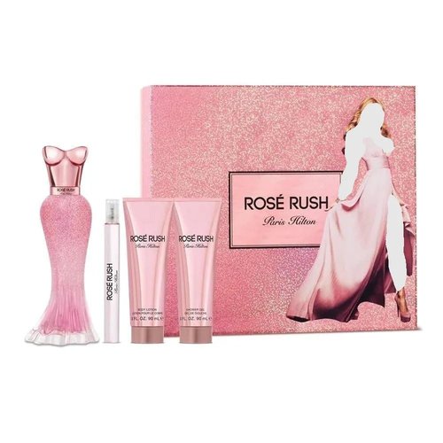 Paris Hilton Rose Rush 4 Pieces Gift Set for Women, (3.4 Ounce Eau de Parfum Spray + 3.0 Ounce Body Lotion + 3.0 Ounce Shower Gel + 0.3 Ounce Eau de Parfum Spray)