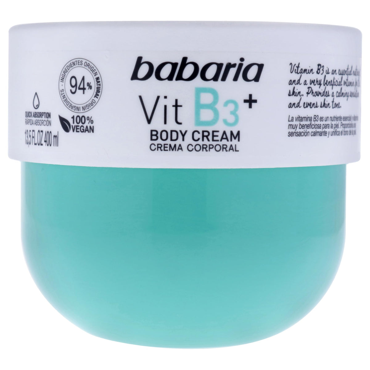 Babaria Vit B3+ Body Cream, 24 Hour Hydration, Sensitive and Atopic Skin, Essential Nourishment 13.5 FL. OZ