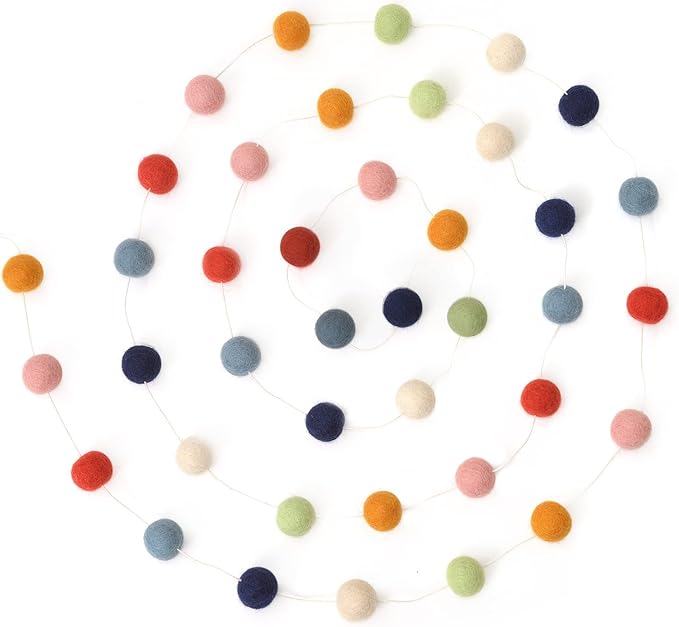 Glaciart One Felt Ball Garland - Pom Pom Garland - 9 Feet, 40 Balls, 7 Gender Neutral Colors, Nursery Decor, Bunting, Birthday Party Decorations, Easter, Photo Prop