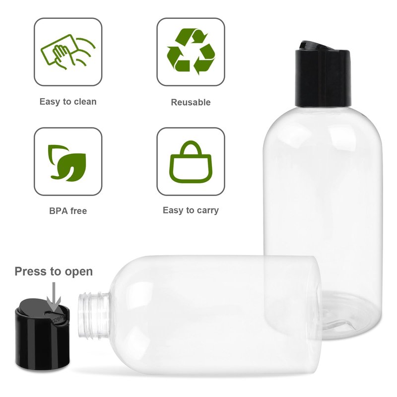 Neendohome 20 Pack 8 oz Empty Plastic Bottles with Black Disc Caps Reusable Clear Leak-Proof Travel Squeeze Containers for Shampoo Conditioner Toiletries Liquid Soap