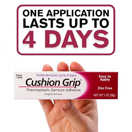 Cushion Grip Thermoplastic Denture Adhesive 1oz (5 Pack)–Extra Strong Hold Up to 4 Days, Unmatched Strength, Waterproof & Zinc Free, Relieves Sore Gums, Comfortable Refit, Long Lasting Denture Refit