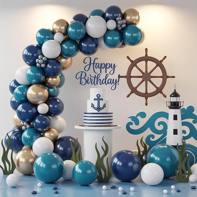 Ocean Theme Balloons Arch Kit, Sea Balloon Garland Arch Kit, Retro Sea Blue Apricot Silver Party Balloons for Ocean Voyage Shark Theme Birthday Party Decorations