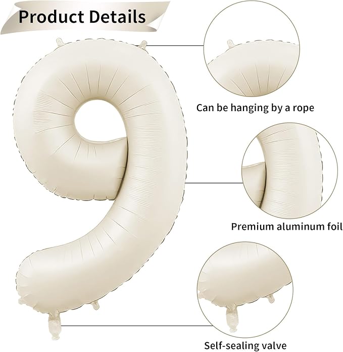 40 Inch Cream Number 9 Balloon, Beige Large 9th Birthday Balloons, Digital 9 Cream White Giant 9 Foil Balloon Helium for Boys Girls 9th Birthday Decorations Anniversary Baby Shower Party Decoration