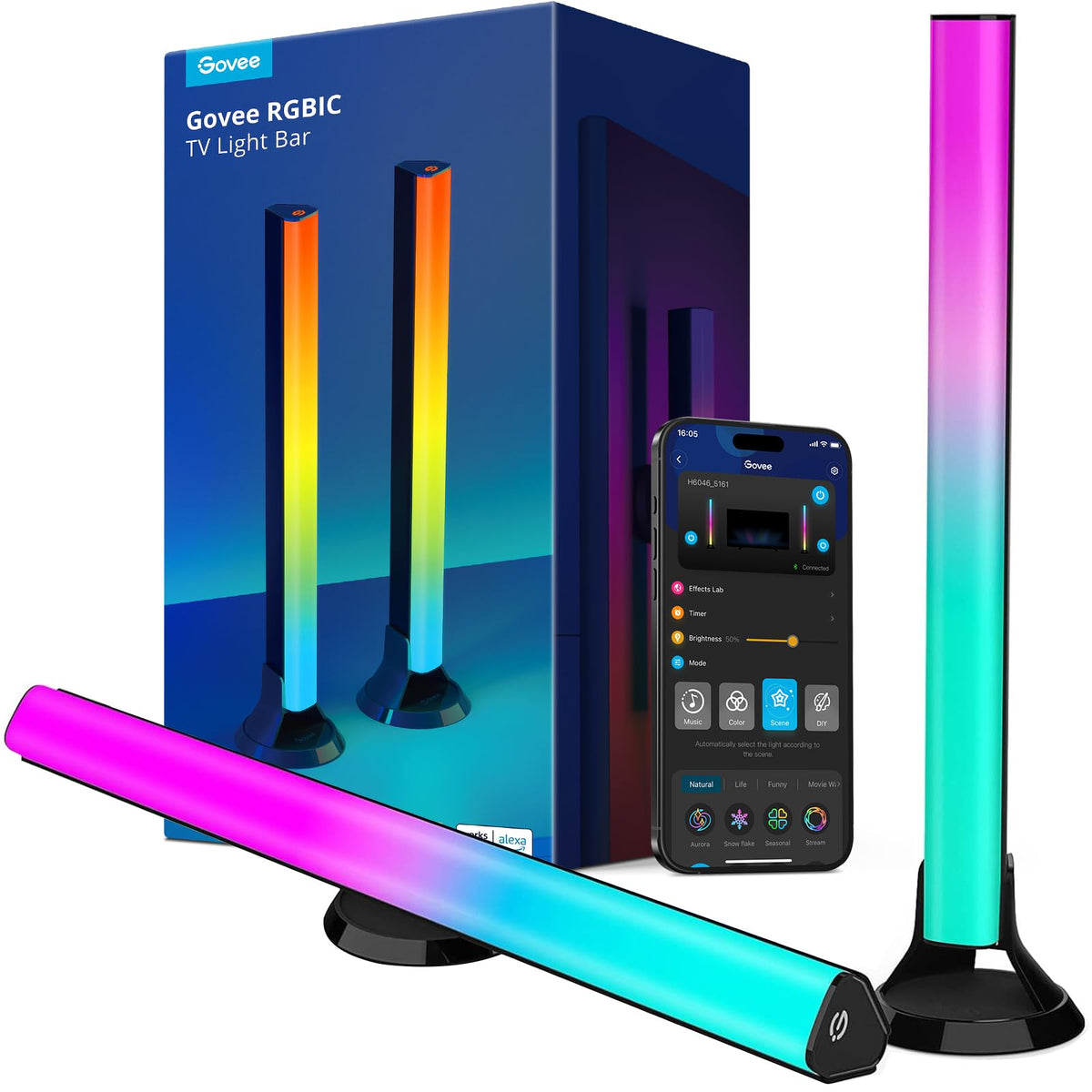 Govee RGBIC Light Bars, 15 Inches WiFi TV Backlight Suitable for 45-70 inch TVs, Smart Light Bars with Multiple Placement Options, Work with Alexa and Google Assistant, Black