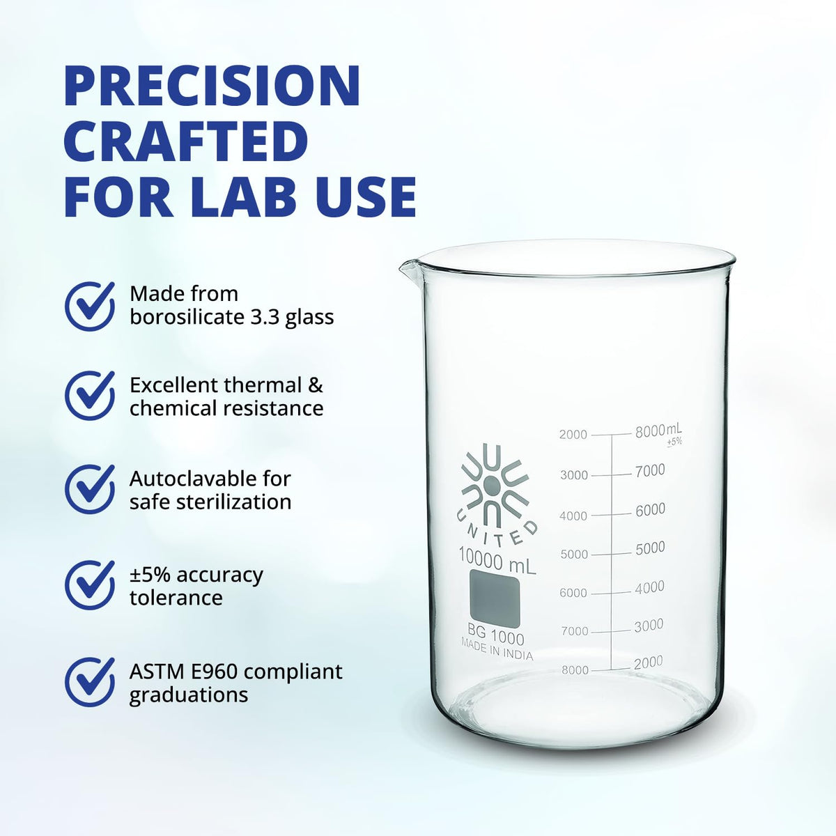 United Scientific™ Glass Beaker 5000mL, Low Form Griffin 3.3 Borosilicate, Double Scale Graduated Lab Beaker, ASTM-E960 Autoclavable Chemistry Glassware for Research, Educators, 1 Each