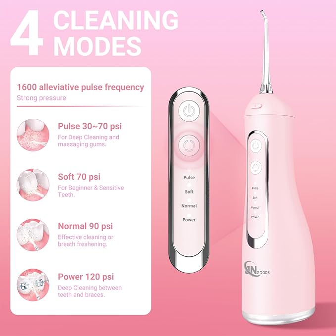 Cordless Water Dental Flosser Oral irrigator,JNGOODS 300ml Rechargeable Water flosser for Teeth IPX7 Waterproof 4 Modes Portable Oral Irrigator with 4 Jet Tips, Travel Home use (Pink)