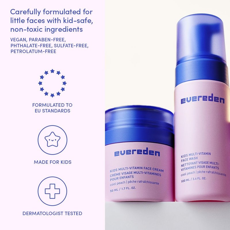 Evereden Kids Happy Face Duo (Cool Peach) - Multi-Vitamin Face Wash & Face Cream Set - Clean & Vegan Skin Care for Kids 3+ - Moisturizing, Nourishing, & Protective Skin Care Set