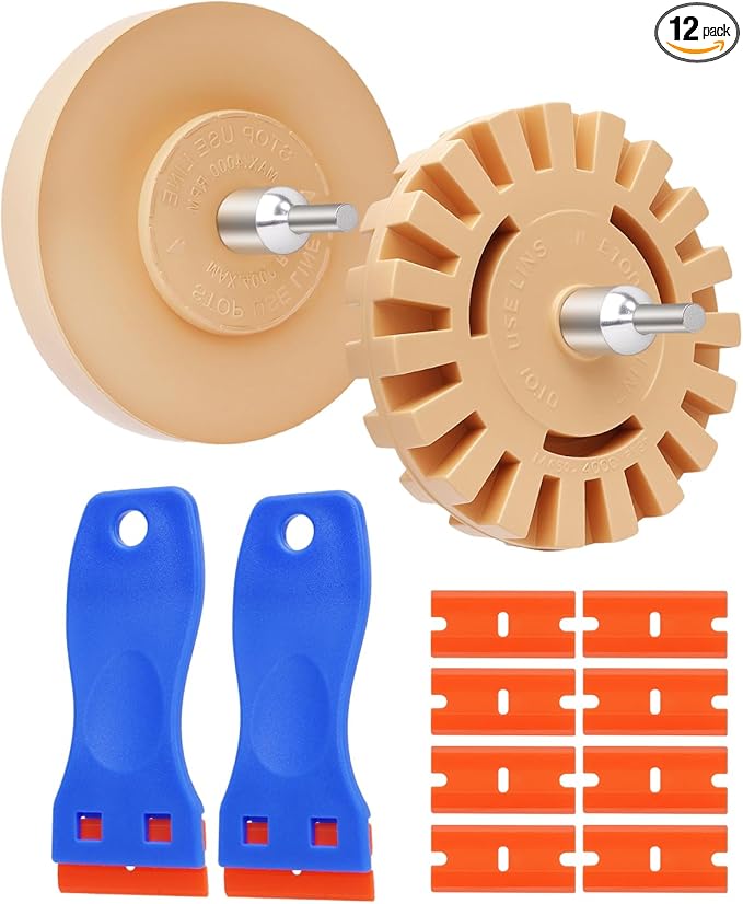 Eraser Wheel for Drill, Sticker Remover Tool for Automotive Car Sticker, Vinyl, Rv, with Plastic Scraper, Scraper Tool, Serrated&Solid Eraser Wheel - 12Pcs