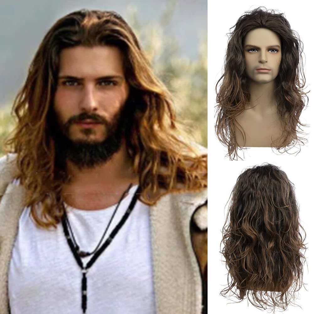 Baruisi Long Curly Wavy Brown Wigs for Men Synthetic Natural Party Halloween Cosplay Hair Wig