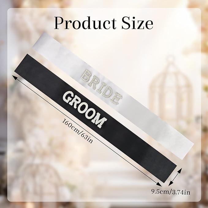 2Pcs Pearl Bride & Groom Sash Set – Bride Sash and Groom Sash, Wedding Engagement Decoration(White & Black, Extra Large)
