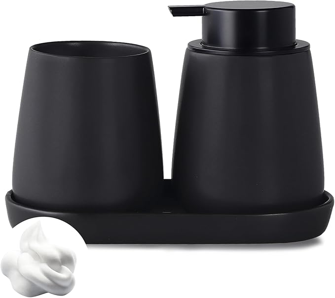 Matte Black Bathroom Accessory Set - 3pcs Ceramic Soap Dispenser Set Vanity Countertop Accessories Set, Includes Refillable Foaming Hand Soap Dispenser, Toothbrush Holder and Tray (Foam Pump)