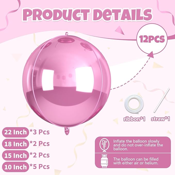 Biapian 12Pcs Light Pink Round Balloons Foil, 22" 18" 15" 10" 4D Sphere Shaped Ball Balloon, Large Metallic Pink Balloons for Wedding Prom Bridal Baby Shower Birthday Party Decorations Backdrop