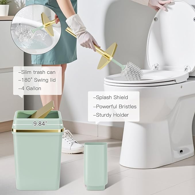 9PCS Bathroom Accessory Set, Green Bathroom Set with Large-Capacity 4 Gallon Trash Can, Bathroom Accessories Set Complete, Toothbrush Holder, Soap Dispenser, Toilet Brush, Bathroom Decor