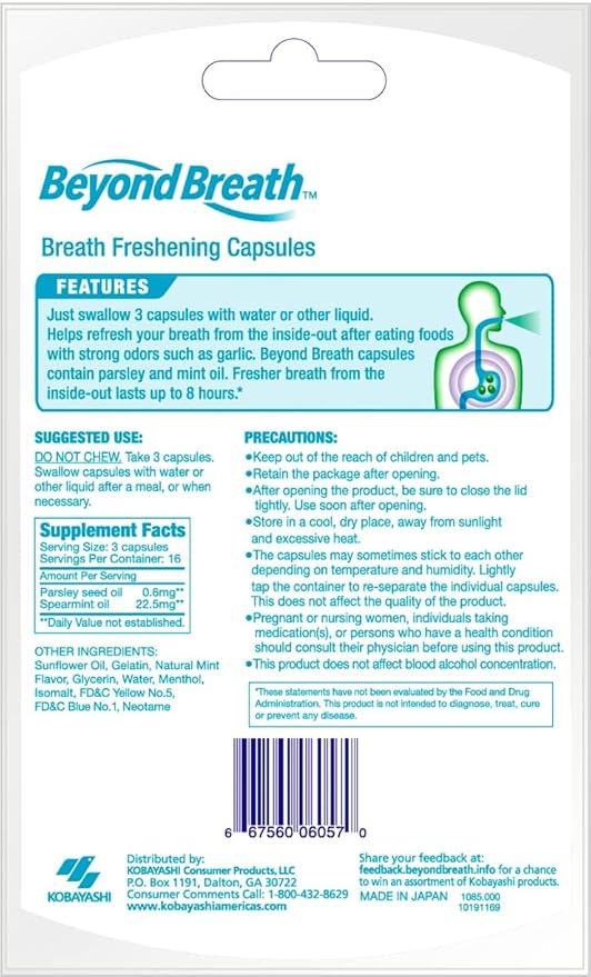 Breath Freshening Capsules, Fresher Breath From Inside-Out, Even Works On Bad Breath From Garlic, Lasts Up To 8 Hours, 50 Capsules